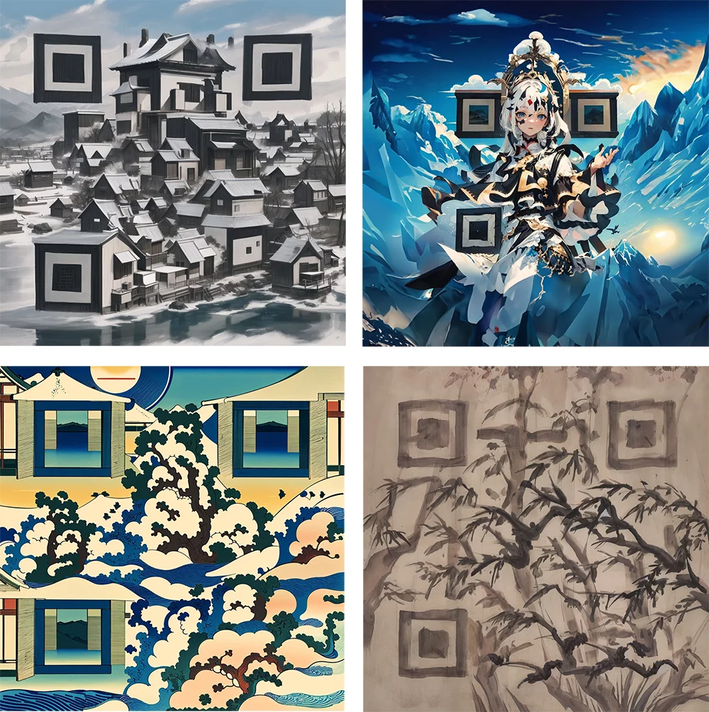 Examples of AI-generated QR-code artwork.